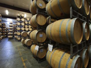 Wine barrels all lined up at South Coast Winery Resort
